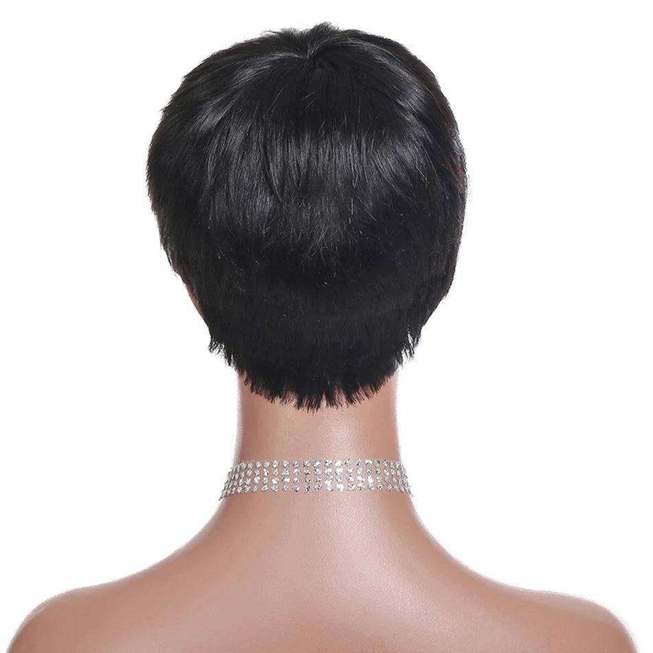 Silky Straight Short Bob Pixie Cut Wig with Bangs - Full Machine-Made Glueless Human Hair Wig - 100% Brazilian Remy Human Hair Natural Color Fringe Wig for Women (Short Length) Luxegan