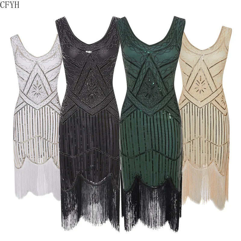Vintage Sequin Full Fringed Flapper Dress | Roaring 20s Great Gatsby Party Gown | Plus Size XS-4XL Summer Knit Knee-Length Dress