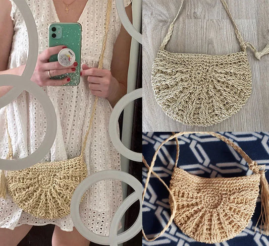 New Half-Round Straw Bag for Women | Sophisticated Handmade Woven Rattan Summer Beach Bag | Elegant Half-Moon Crossbody Handbag | Fashion-Forward Bohemia Style Purse with Hollow-Out Detail Luxegan