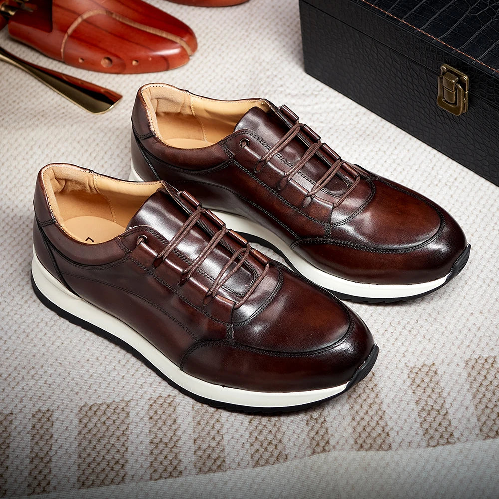 Men's Genuine Leather Casual Flat Shoes | Sophisticated Round Toe Lace-Up Silhouette | Elegant "Hard-Wearing" All-Season Footwear | "Dignified" Anti-Slippery Running Style Sneakers for Radiant Versatile Styling Luxegan