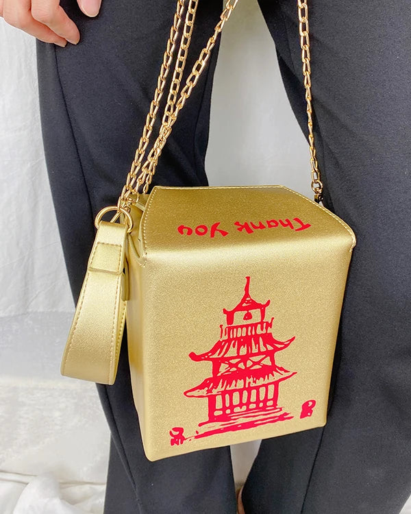 Takeout Box Inspired PU Leather Purse | Fashionable Women’s Crossbody Bucket Bag | Creative Shoulder Chain Bag with Cartoon Printing | Unique Landscape Pattern Square Handbag Luxegan