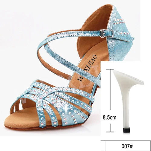 Professional Satin Latin Dance Shoes | Sophisticated 9cm Thin High Heels | Elegant "Bright Rhinestone Silk" Silhouette | "Dignified" Soft Bottom Ballroom Shoes for Radiant Versatile Performance Luxegan