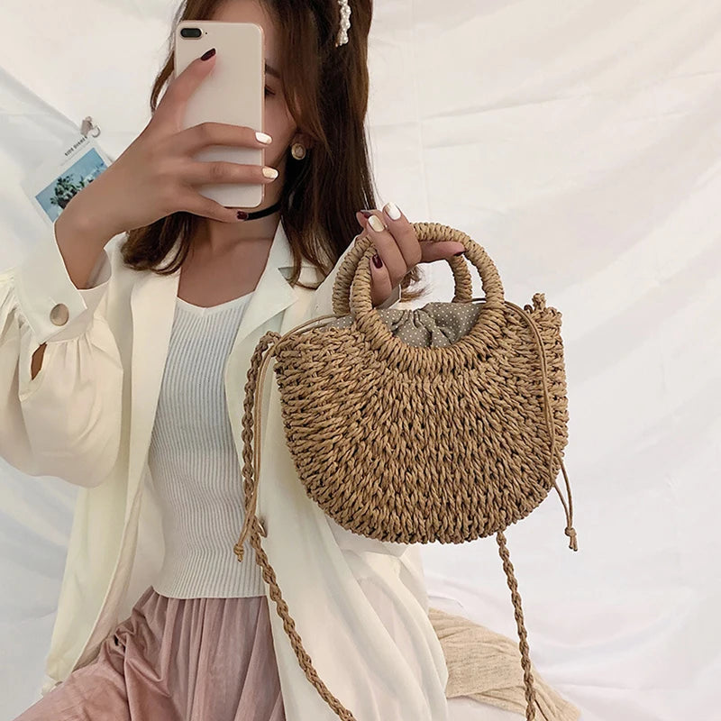 Half-Round Rattan Beach Bag | Women Large Capacity Handle Bag & Bohemian Shoulder Bag Luxegan