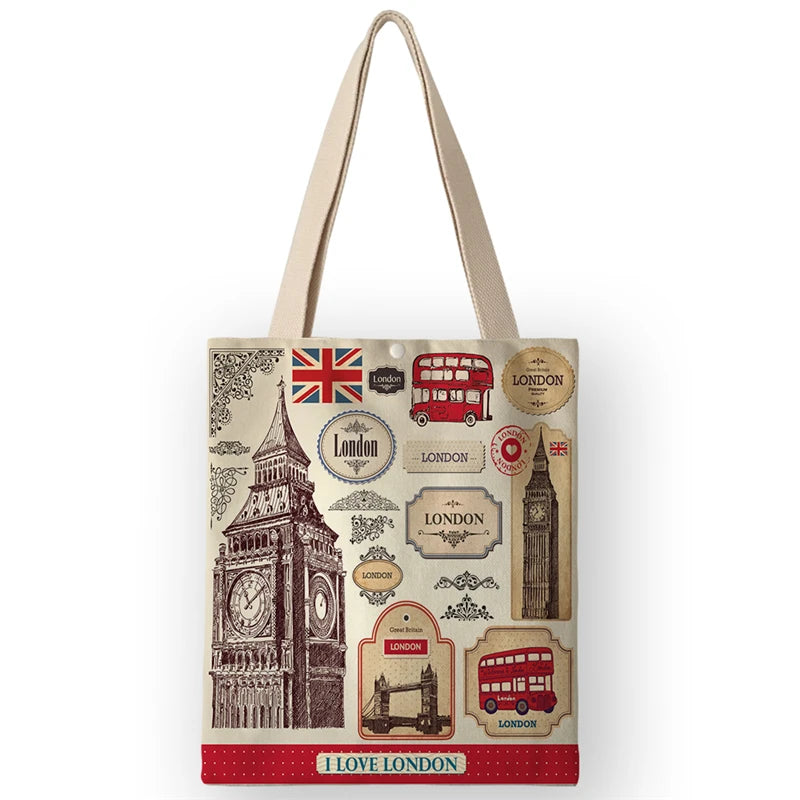Vintage British Style Women's Canvas Shoulder Bags | Cartoon London Prints Shopping Handbags Totes Travel Luxegan