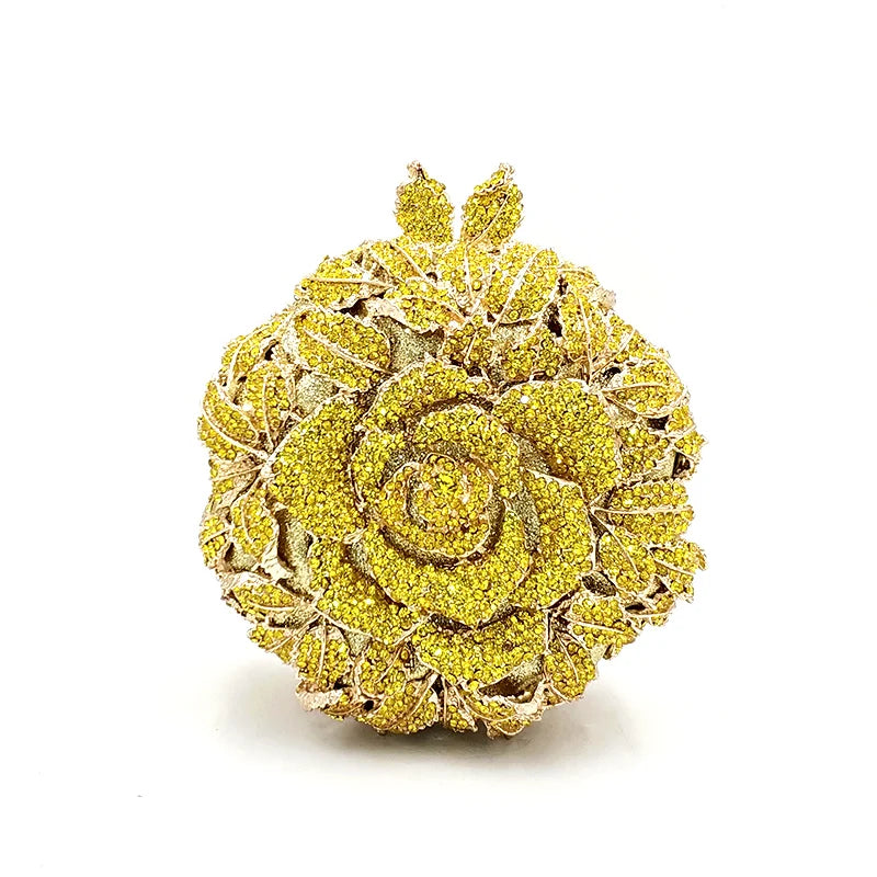 Luxury Diamond Crystal Rose Flower Clutch | Floral Metallic Evening Purse for Weddings & Brides | Sparkling Party Minaudière in Gold, Silver, & AB Diamonds Luxegan