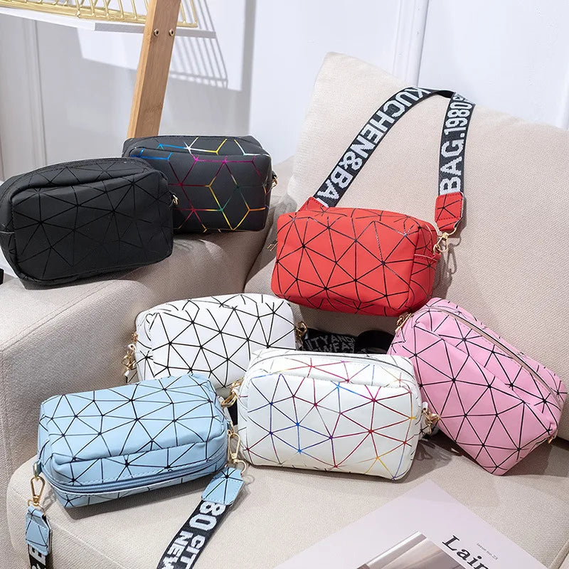 Fashion Laser Shoulder Messenger Bag | Sophisticated PU Leather Small Square Crossbody | Trendy New Laser Satchel with Letter Decoration | Elegant Geometric Pattern Shoulder Bag for Women Luxegan