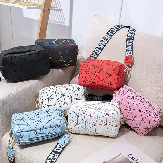 Fashion Laser Shoulder Messenger Bag | Sophisticated PU Leather Small Square Crossbody | Trendy New Laser Satchel with Letter Decoration | Elegant Geometric Pattern Shoulder Bag for Women Luxegan