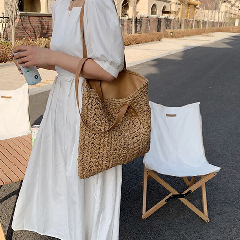 Summer Hollow Out Straw Bag Women | Large Capacity Handmade Weave Shoulder Totes Bag | Travel Beach Bag Shopping Pouch Luxegan