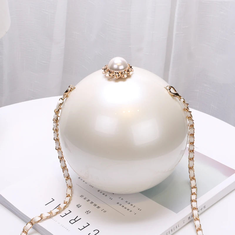 Luxury Round Pearl Handbag for Ladies | Elegant White Evening Clutch Bag | Designer Circular Catwalk Messenger | Chic PVC Beach & Party Shoulder Bag (Model 062) Luxegan