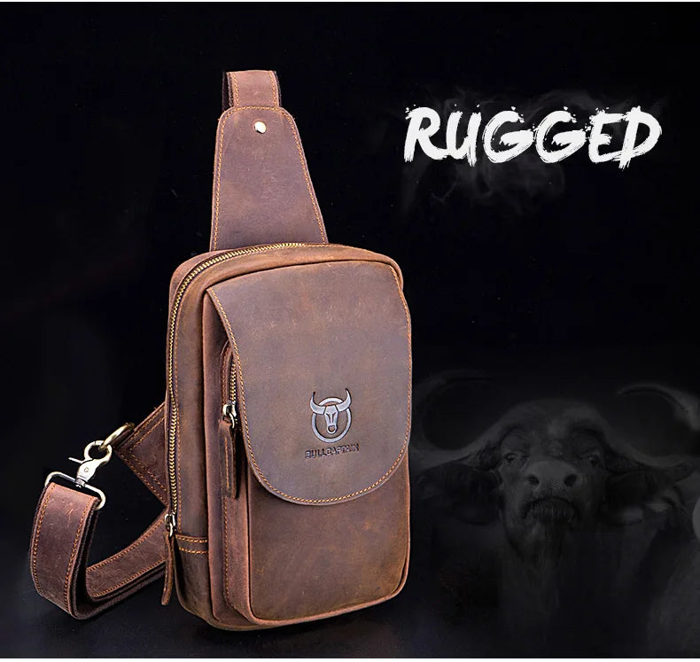 BULLCAPTAIN Bolsos cruzados para hombre de cuero Crazy Horse, bolso de pecho de cuero, bolsos cruzados retro para hombre con bolsillo de cremallera, bolso de viaje corto