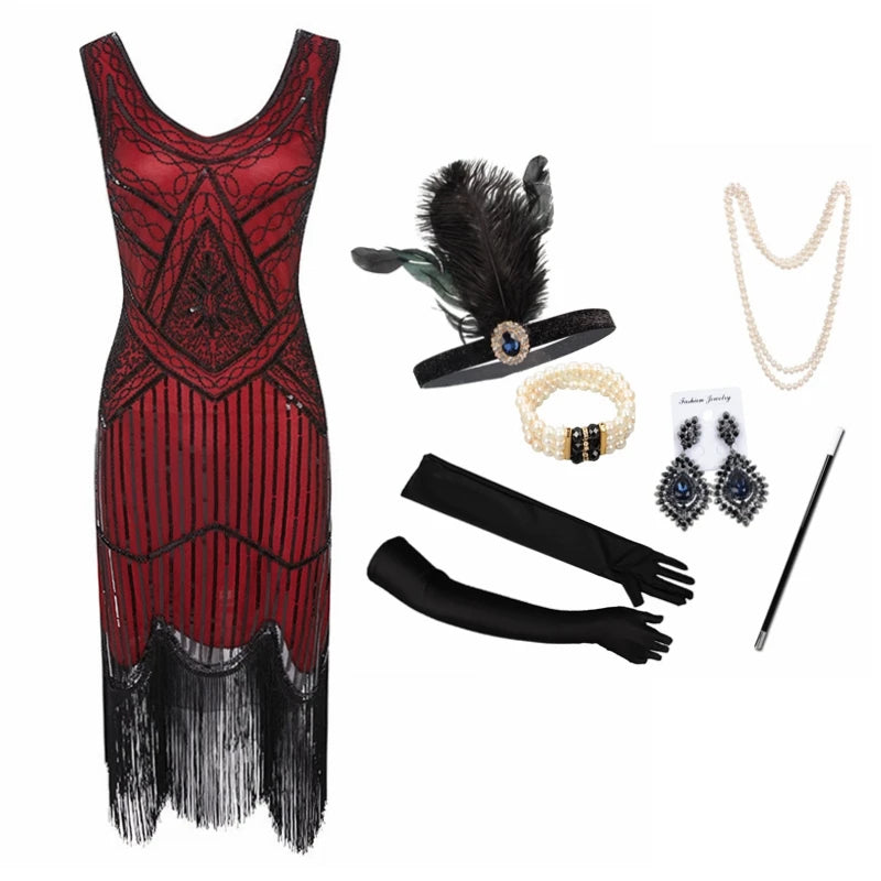 Vintage Sequin Full Fringed Flapper Dress | Roaring 20s Great Gatsby Party Gown | Plus Size XS-4XL Summer Knit Knee-Length Dress