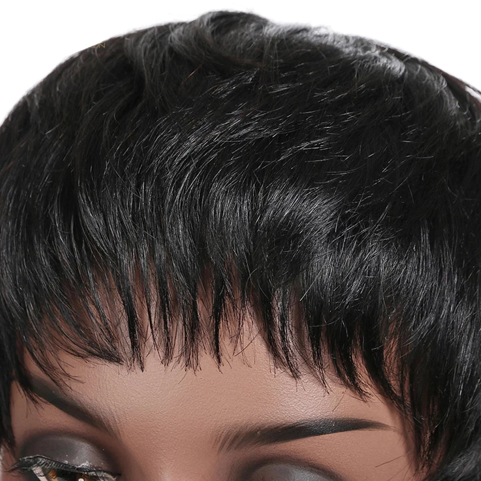 Silky Straight Short Bob Pixie Cut Wig with Bangs - Full Machine-Made Glueless Human Hair Wig - 100% Brazilian Remy Human Hair Natural Color Fringe Wig for Women (Short Length) Luxegan