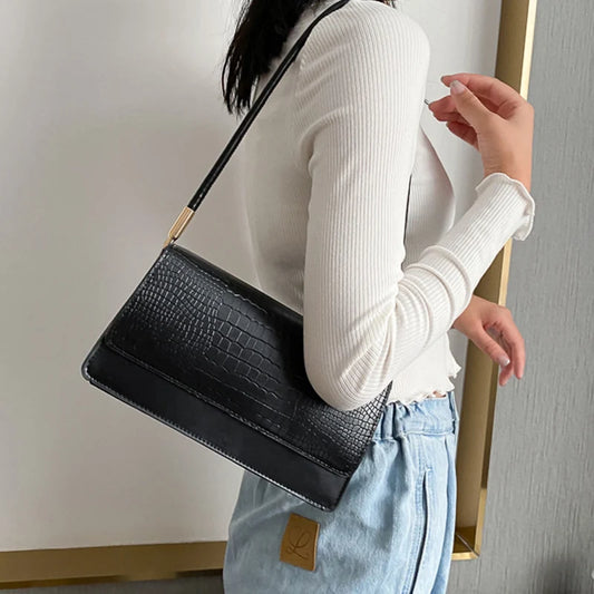 Vintage Alligator Pattern Armpit Bag | Soft Designer Flap Handbag Luxegan