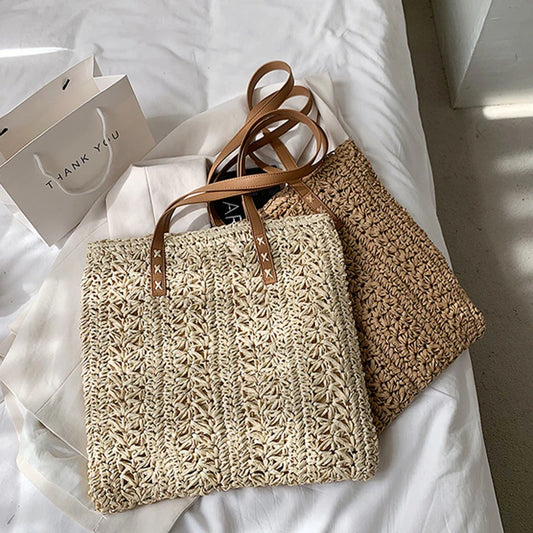 Square Hollow Straw Beach Bag | Handmade Woven Raffia Rattan Shopping Tote | Elegant Bohemian Summer Vacation Handbag | "Dignified" Hard-Shell Accessory for Casual Travel Styling Luxegan