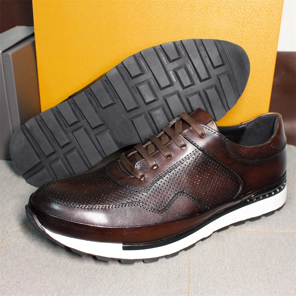 Men's Casual Leather Skateboarding Shoes | Sophisticated Genuine Leather Panel Detail | Elegant "Top Quality" Printed Walking Shoes | "Dignified" All-Season Rubber Sole Oxfords for Radiant Versatile Styling Luxegan