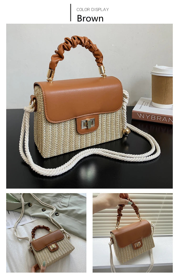 Summer Luxury Designer Straw Beach Bag | Vintage Contrast Color Flap Handbag with Pleated Handle | Hard Structured Woven Crossbody Purse & Lock Shoulder Bag Luxegan