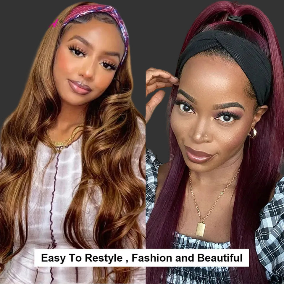 Sleek Straight Headband Scarf Wig | #350 Ginger & #1B/30 Auburn Brazilian Remy Human Hair | 150% Density Glueless Full Machine-Made Beginner-Friendly Wig Luxegan