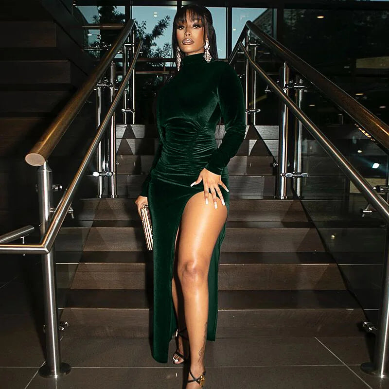 Women's Autumn Winter Solid Velvet Midi Dress | Elegant Ruched Full Sleeve Party Gown | Sexy Side Slit Bodycon Streetwear | Premium High Stretch Slim Fit Luxury Winter Vestido Luxegan