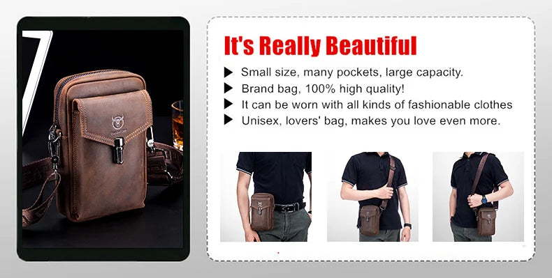 BULLCAPTAIN Bolsos cruzados para hombre de cuero Crazy Horse, bolso de pecho de cuero, bolsos cruzados retro para hombre con bolsillo de cremallera, bolso de viaje corto