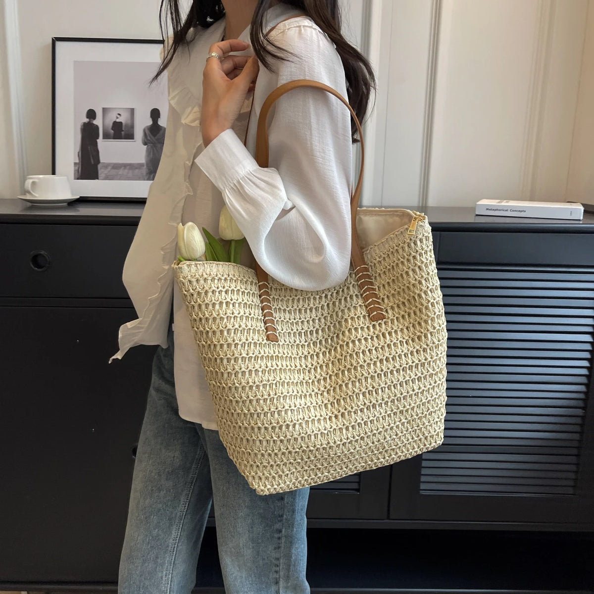 Handmade Natural Rattan Woven Tote | Summer Straw Beach Handbag | Portable 7-Inch Fashion Shoulder Bag | Minimalist Weave Purse for Travel & Outdoor (Model 2343) Luxegan