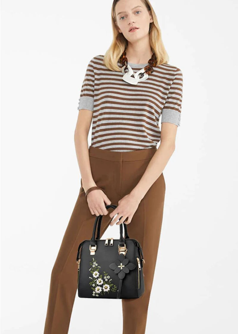 Luxury PU Leather Embroidered Tote | Tassel Crossbody & Handle Bag Luxegan