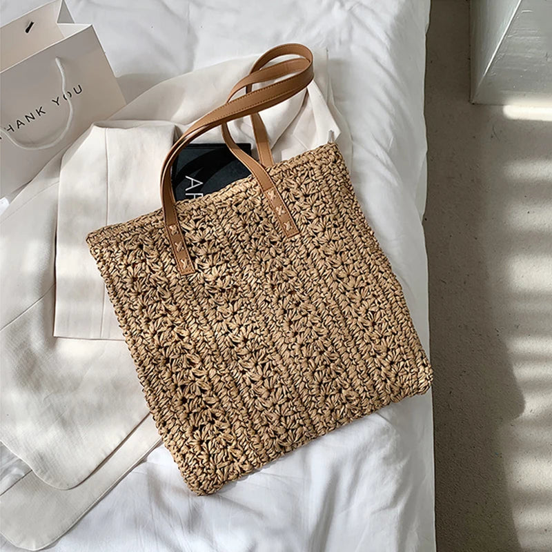 Square Hollow Straw Beach Bag | Handmade Woven Raffia Rattan Shopping Tote | Elegant Bohemian Summer Vacation Handbag | "Dignified" Hard-Shell Accessory for Casual Travel Styling Luxegan
