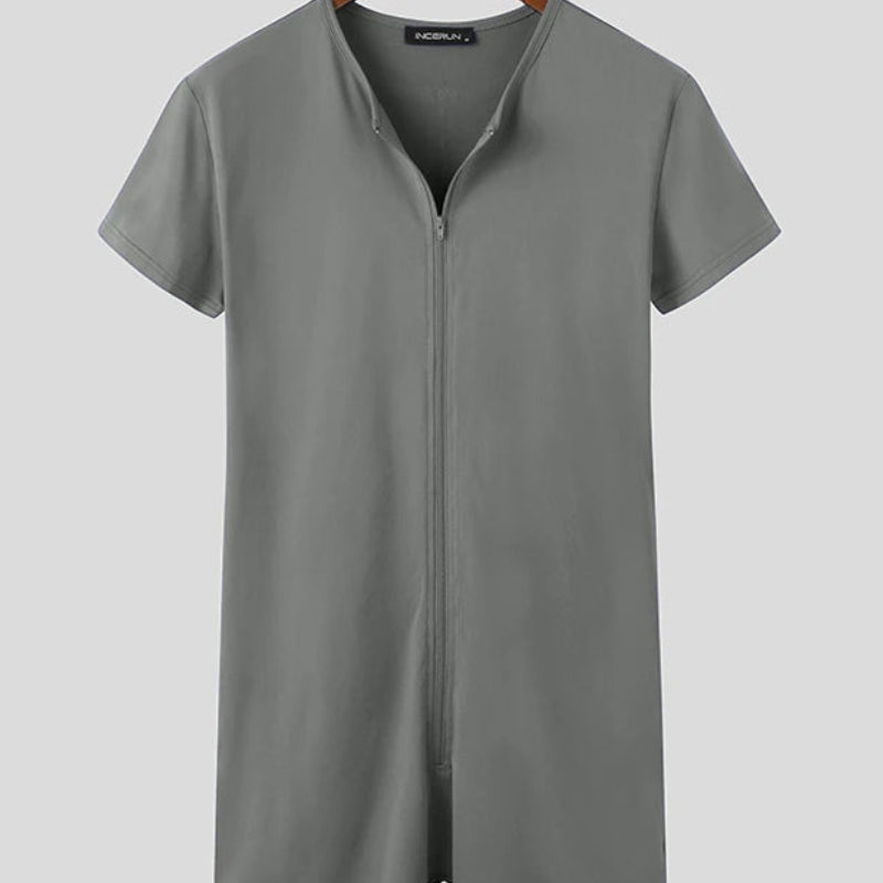 Men's Solid Color Pajamas Romper | Sophisticated "Fitness" Leisure Jumpsuit | Elegant Short Sleeve Cozy Homewear | "Dignified" High-Performance Summer Sleepwear for Radiant Versatile Styling Luxegan