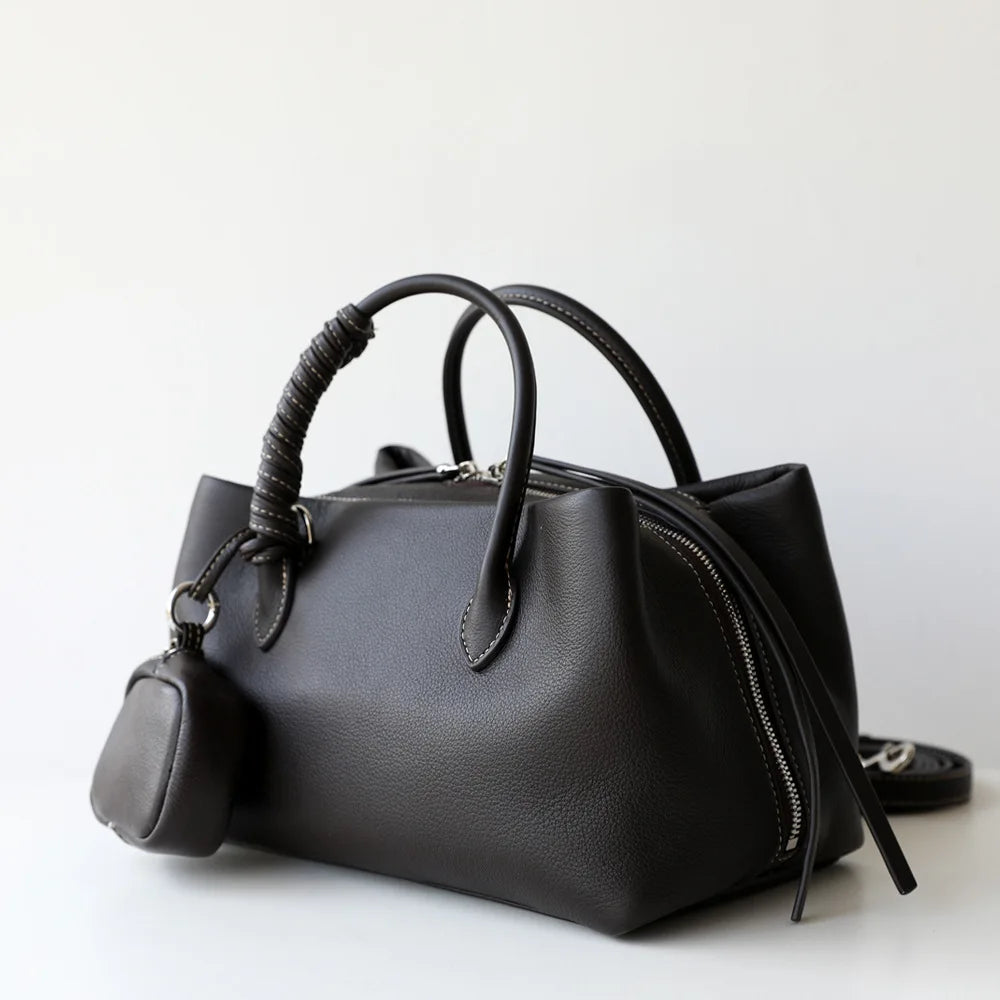 Genuine Cowhide Single Shoulder Purse | Lazy Style Multiple Compartment Handbag | Anti-Theft Zippered Crossbody Bag | Fashionable Solid Color All-Season Tote (Model IN2482) Luxegan