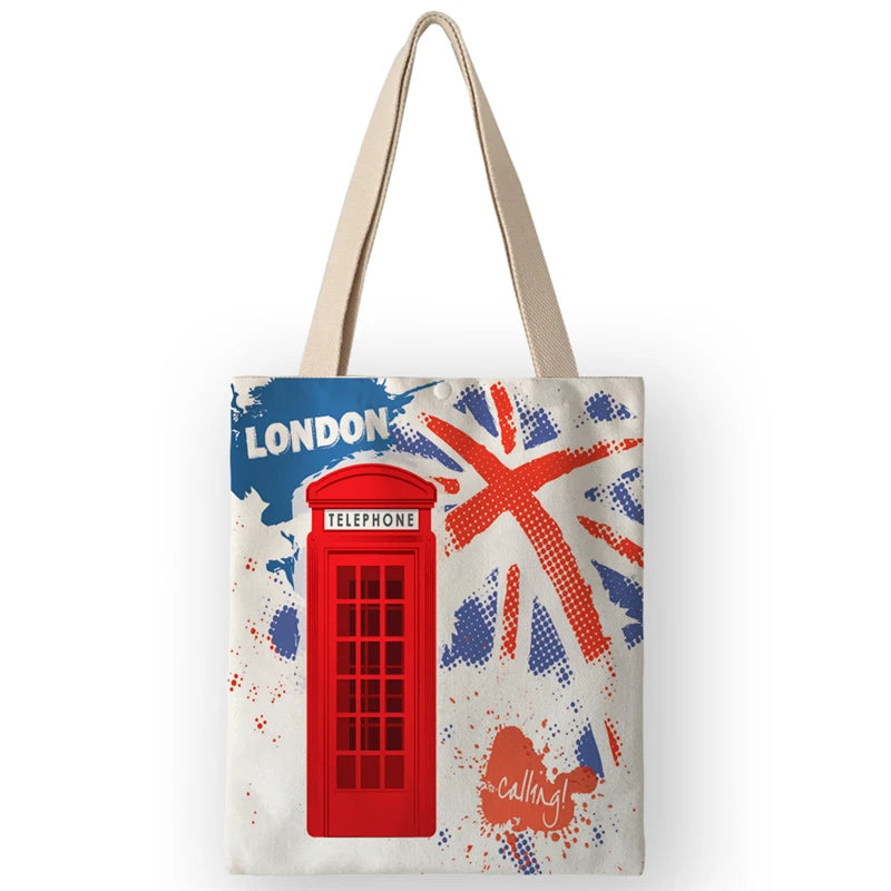 Vintage British Style Women's Canvas Shoulder Bags | Cartoon London Prints Shopping Handbags Totes Travel Luxegan
