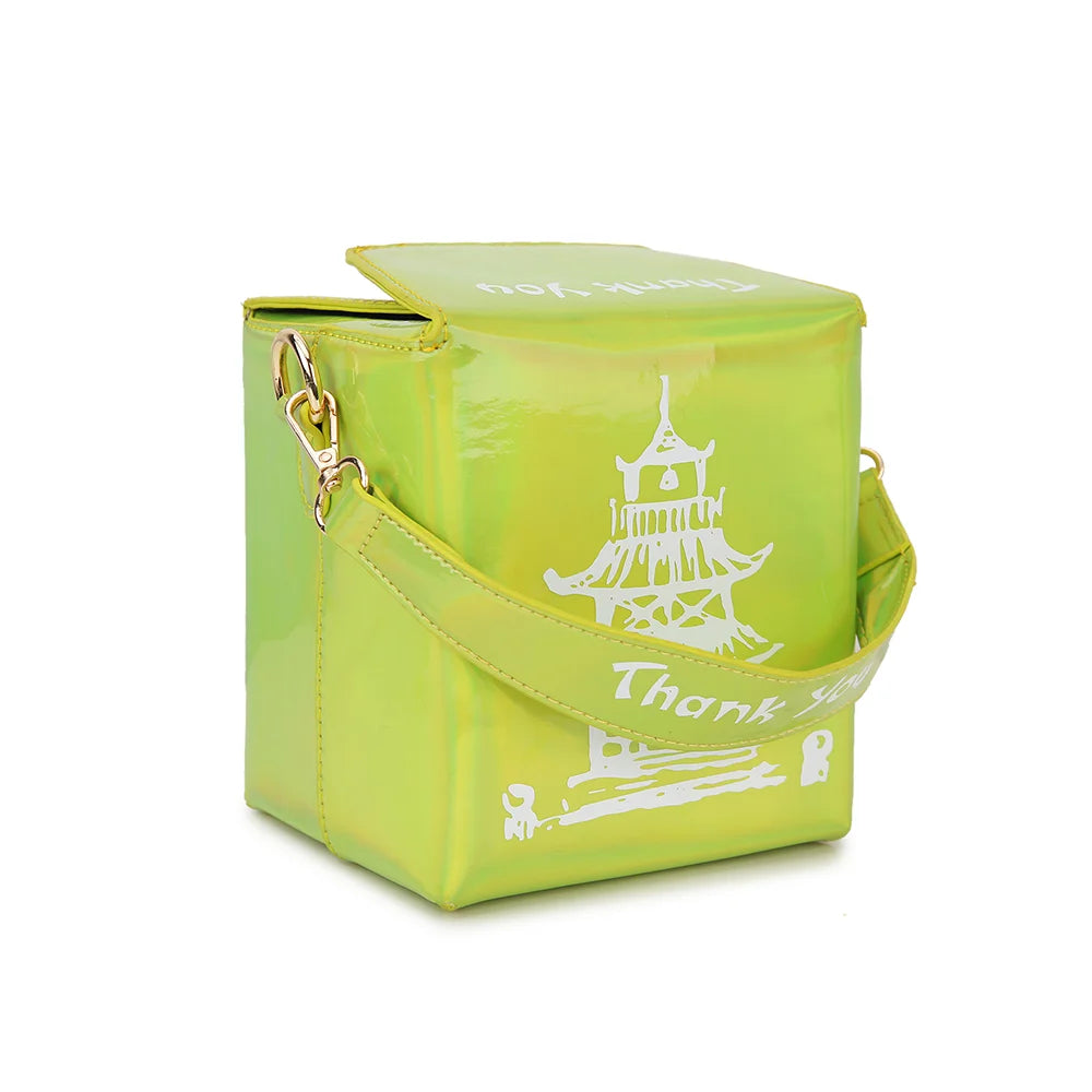 Takeout Box Inspired PU Leather Purse | Fashionable Women’s Crossbody Bucket Bag | Creative Shoulder Chain Bag with Cartoon Printing | Unique Landscape Pattern Square Handbag Luxegan