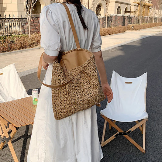Summer Hollow Out Straw Bag Women | Large Capacity Handmade Weave Shoulder Totes Bag | Travel Beach Bag Shopping Pouch Luxegan