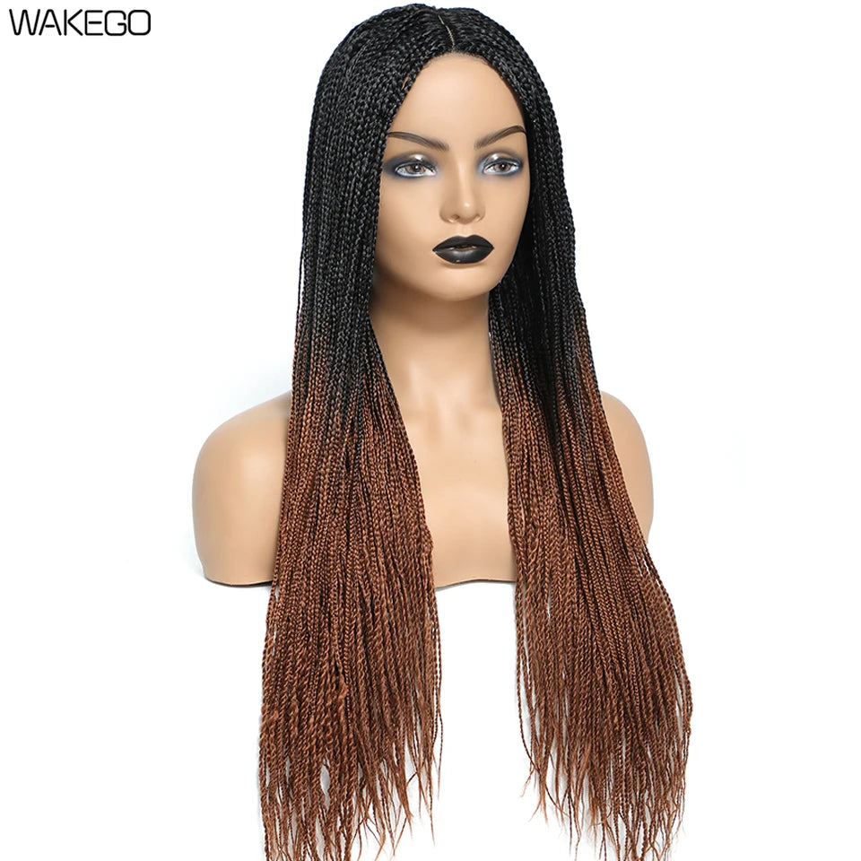 Wakego 26 Inch Ombre Box Braided Wigs For Black Women Braided Wig Fake Scalp Heat Resistant Braiding Hair Wig Peruca Sintetica Luxegan