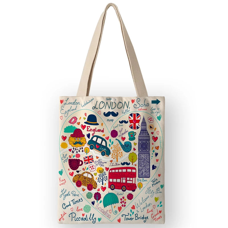Vintage British Style Women's Canvas Shoulder Bags | Cartoon London Prints Shopping Handbags Totes Travel Luxegan