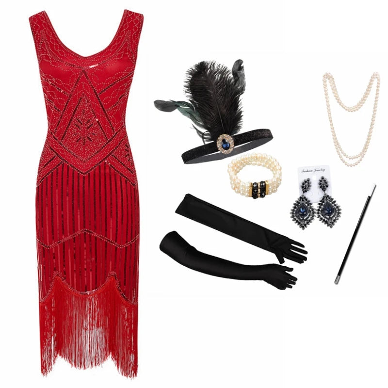 Vintage Sequin Full Fringed Flapper Dress | Roaring 20s Great Gatsby Party Gown | Plus Size XS-4XL Summer Knit Knee-Length Dress