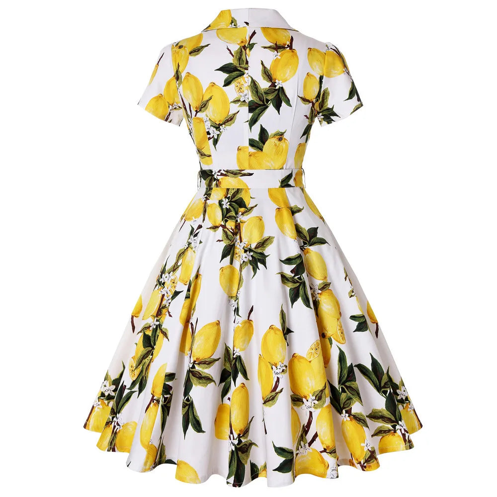 Hepburn Style Lemon Printed Vintage Dresses 1950s 60s Office 2025 Turn Down Collar Short Sleeve Tunic A-Line Belted Cotton Dress