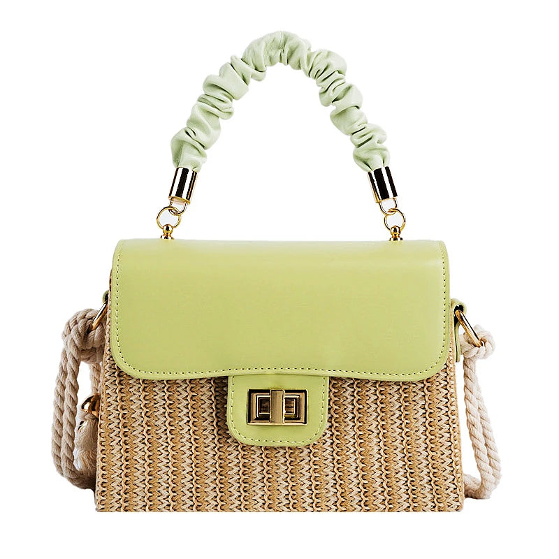 Summer Luxury Designer Straw Beach Bag | Vintage Contrast Color Flap Handbag with Pleated Handle | Hard Structured Woven Crossbody Purse & Lock Shoulder Bag Luxegan