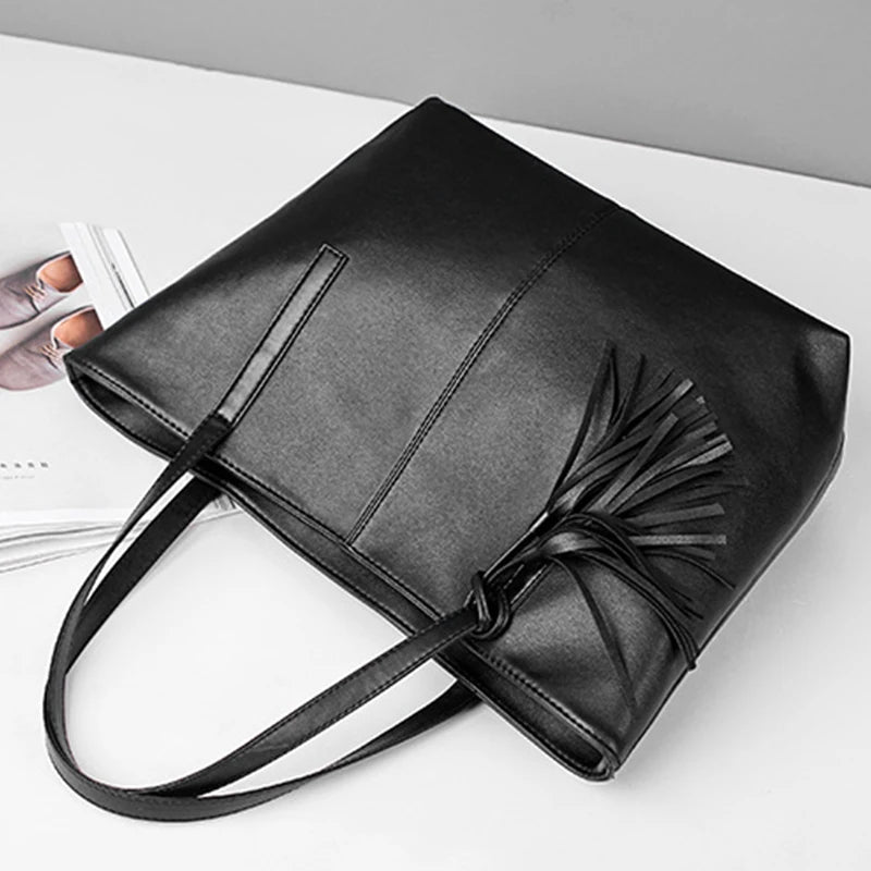Retro Tassel Tote Bag | Large Capacity PU Leather Handbag Luxegan