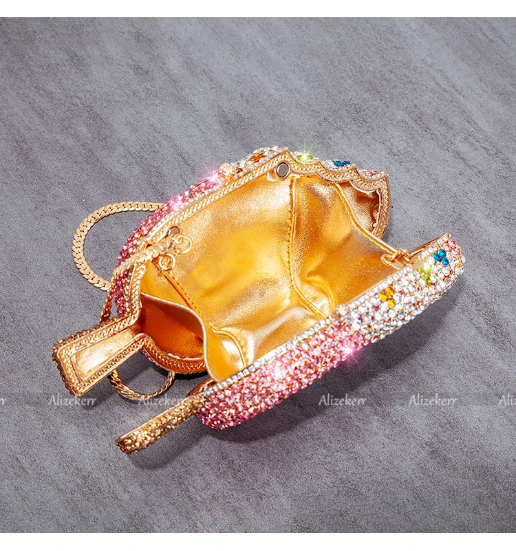 Luxury Ice Cream Diamond Evening Clutch | Sophisticated Novelty Kawaii Rhinestone Purse | Elegant High-Quality Metallic Mini Bag | "Dignified" Structured Minaudière for Party & Boutique Glamour Luxegan