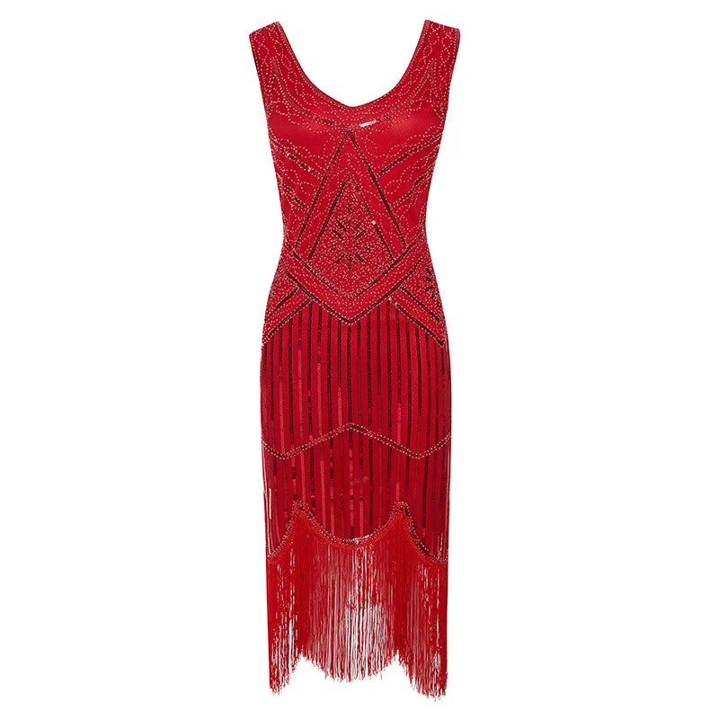 Vintage Sequin Full Fringed Flapper Dress | Roaring 20s Great Gatsby Party Gown | Plus Size XS-4XL Summer Knit Knee-Length Dress