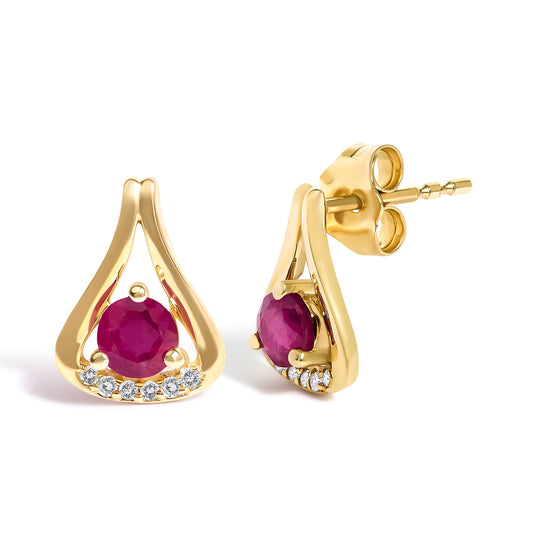 14K Yellow Gold Red Ruby and Diamond Accent Teardrop Stud Earrings - view 2
