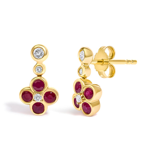 14K Yellow Gold 1/10 Cttw Diamond and Ruby Floral Dangle Earrings - view 2