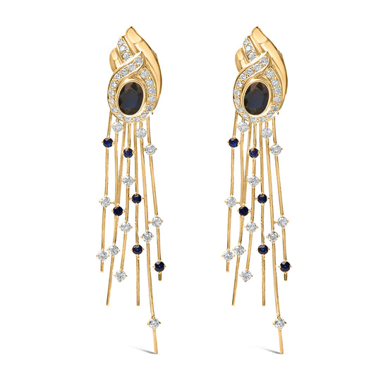 Pendientes colgantes de oro amarillo de 14 quilates con diamantes de 1,0 Cttw y zafiros azules