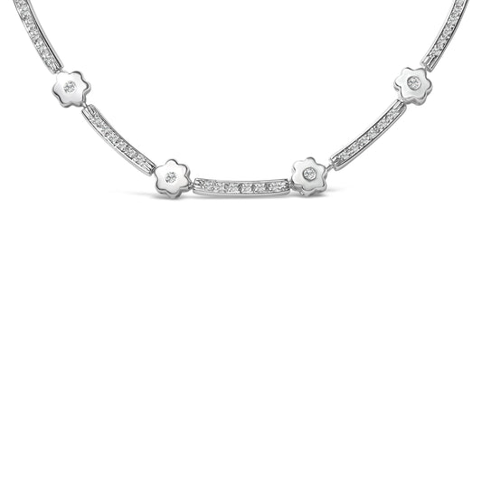 Collar tipo estación de oro blanco de 14 quilates con diamantes de 1,0 quilates, motivo de flores y barra