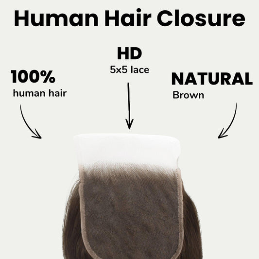 Cierre de cabello humano con encaje HD 5x5 ondulado, color castaño medio