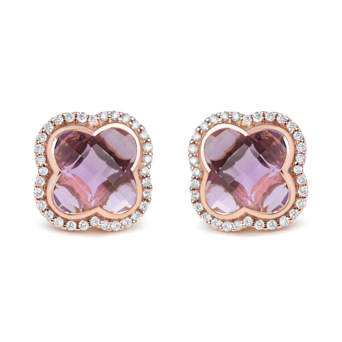Pendientes de botón en oro rosa de 18K con diamantes de 3/8 Cttw y amatistas moradas de 11x11mm talla trébol en halo (color G-H, claridad SI1-SI2)