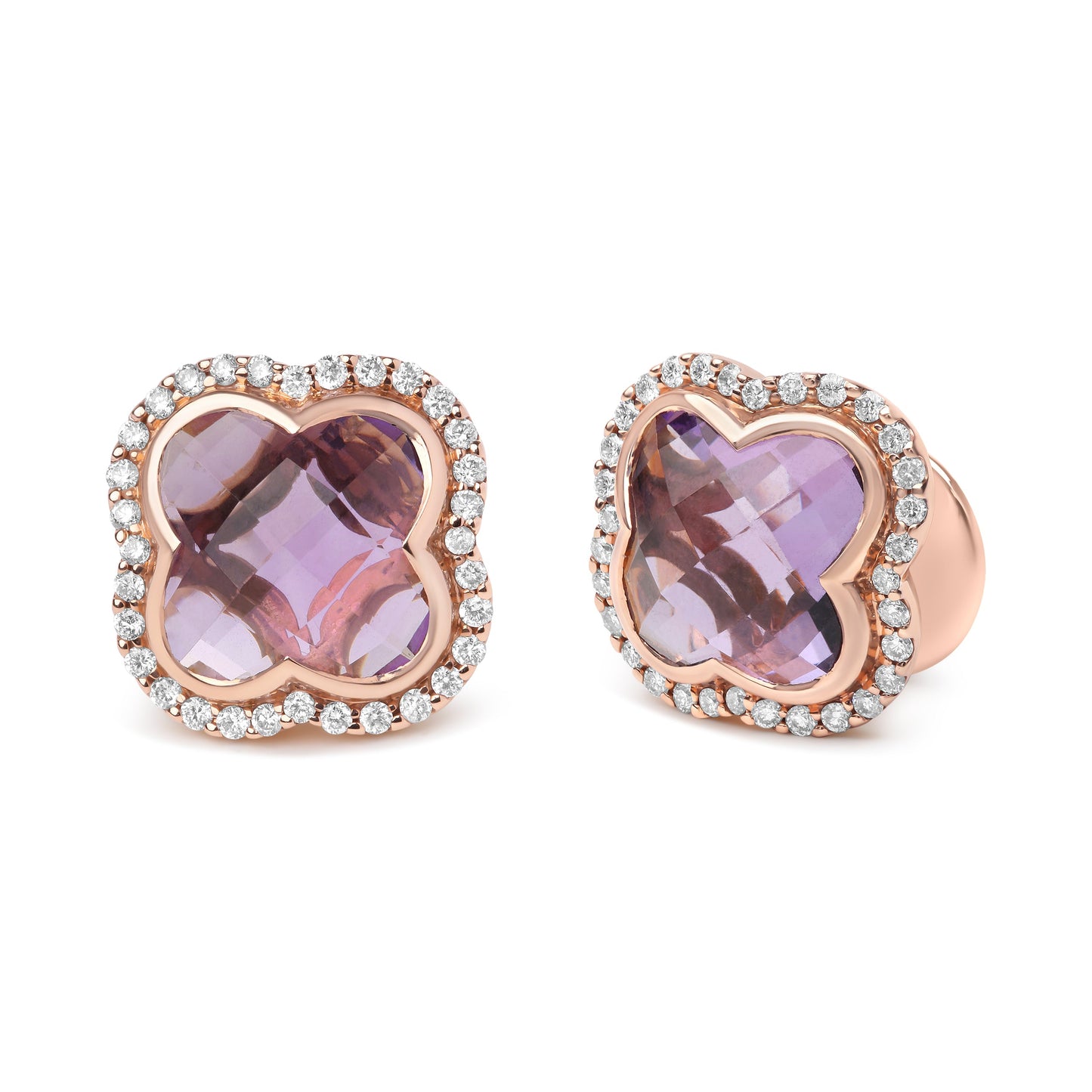 Pendientes de botón en oro rosa de 18K con diamantes de 3/8 Cttw y amatistas moradas de 11x11mm talla trébol en halo (color G-H, claridad SI1-SI2)