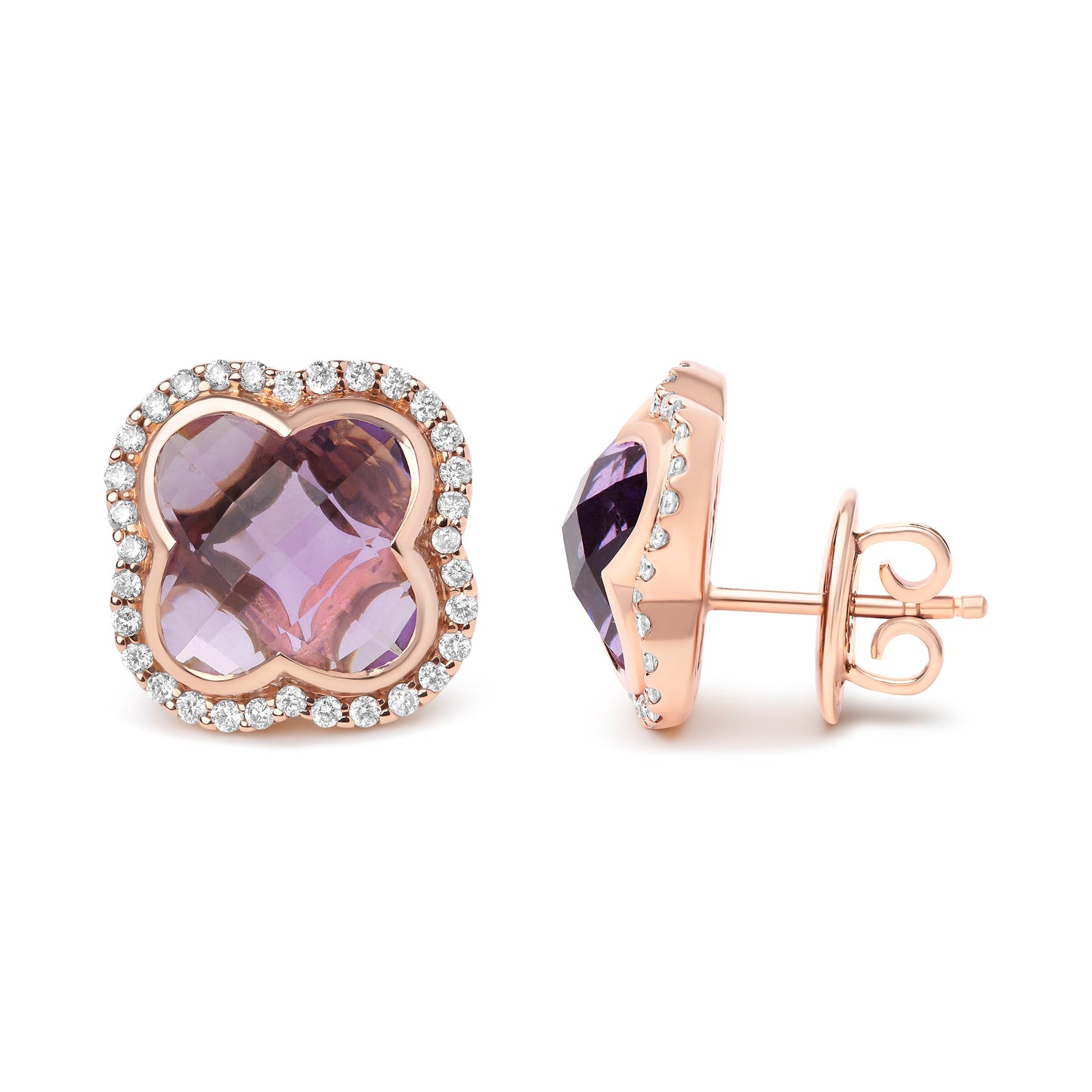 Pendientes de botón en oro rosa de 18K con diamantes de 3/8 Cttw y amatistas moradas de 11x11mm talla trébol en halo (color G-H, claridad SI1-SI2)