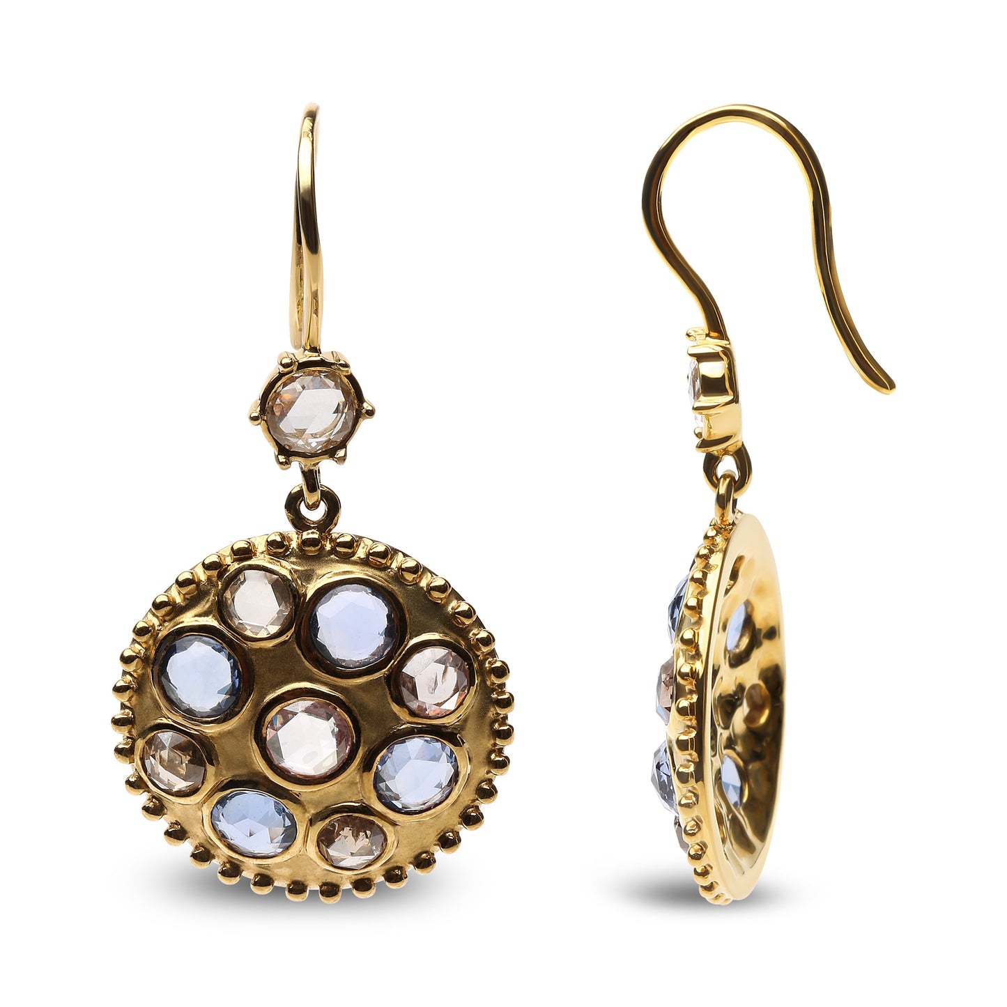 Pendientes colgantes de medallón de racimo de piedras preciosas con bisel de oro amarillo de 18 quilates con diamantes y zafiros azules de 1 2/3 quilates (color marrón y G-H, claridad SI1-SI2)