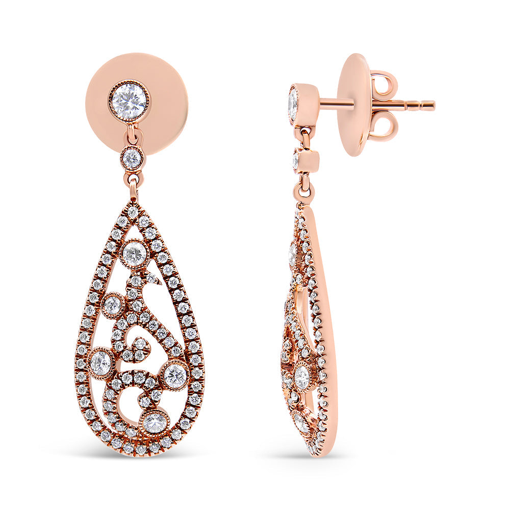 Pendientes de botón colgantes con forma de lágrima y rosca de oro rosa de 18K con diamantes de 1 1/4 Cttw (color F-G, claridad VS1-VS2)