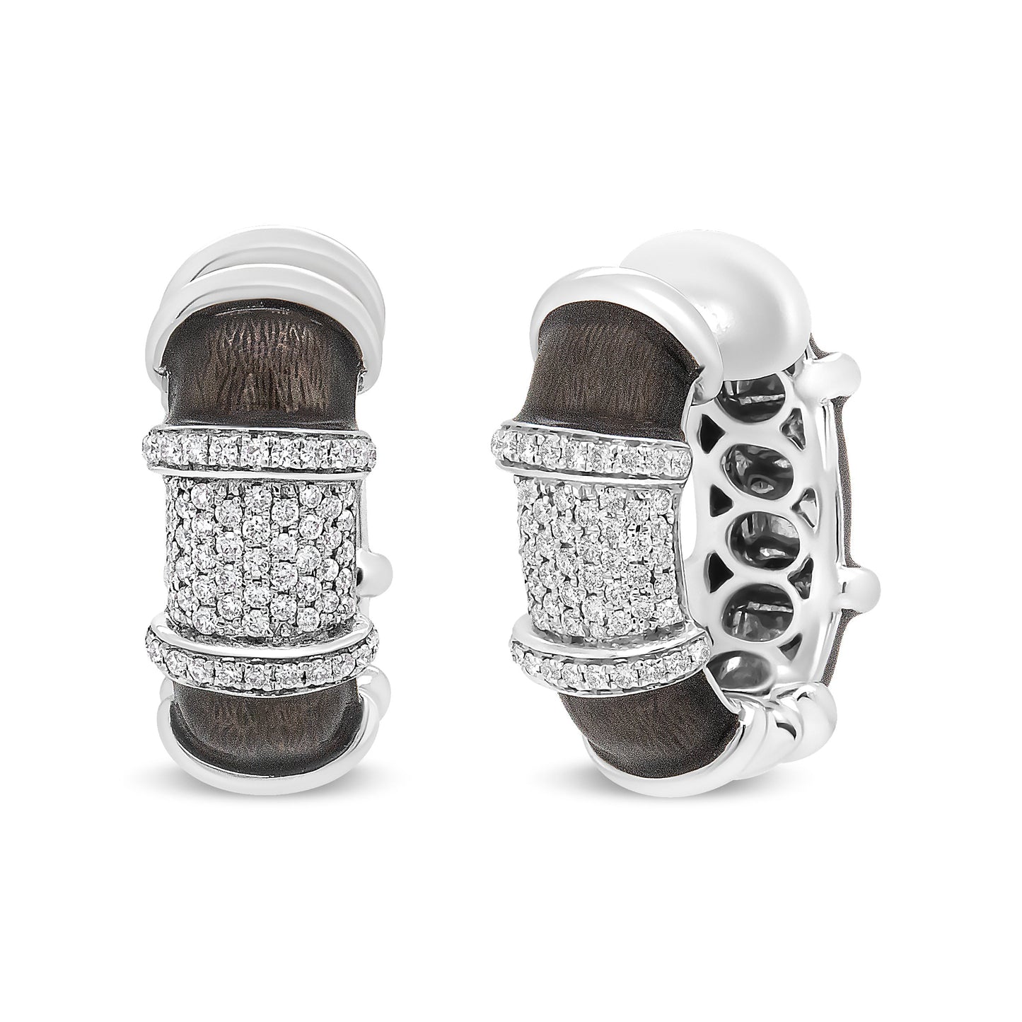 Pendientes de aro Huggie de plata de ley .925 con baño de oro blanco de 18 quilates, esmalte gris grafito transparente y diamantes redondos de 5/8 Cttw (color F-G, claridad VS1-VS2)